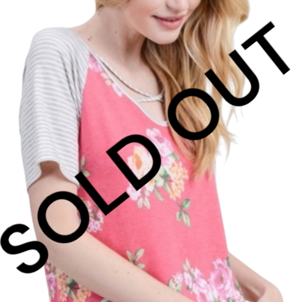 Floral Print Top w/Striped Baseball Sleeves and Crisscross Straps